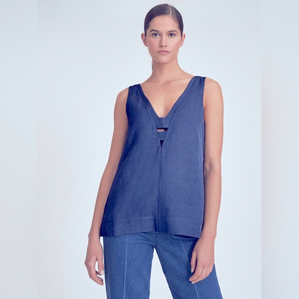 REISS Emi Linen Blend V-Neck Top, Mid Blue, Size 6